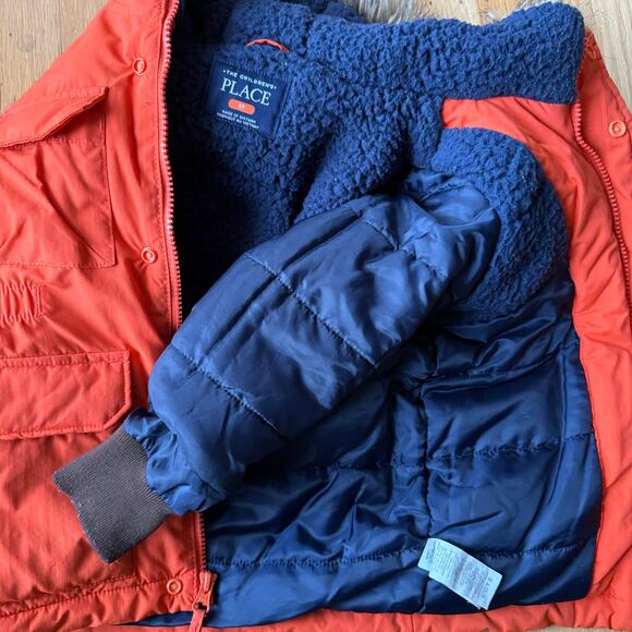 The Children's Place Orange Full Zip Fleece Faux Fur Hooded Puffer Coat Size 3T - Picture 6 of 9